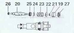 16. Fit new seals (25, 26) to the control piston (20), fit the spring and spring seats, secure with the circlip (21), lubricate the bore and seals with unused fluid.
